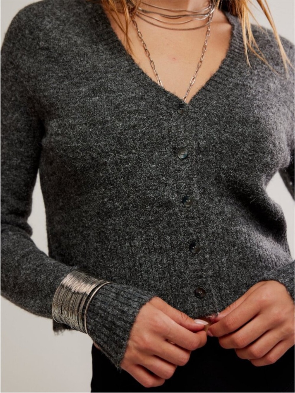 Free People Charcoal Grey Button-Up Cardigan